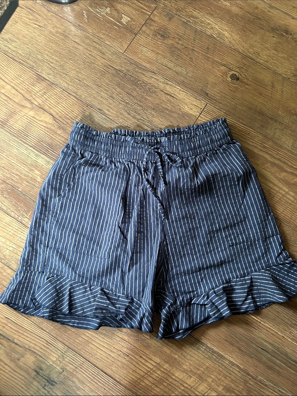 Navy Striped High-Waist Ruffle Hem Shorts